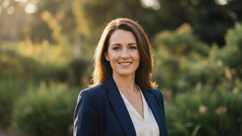 A compelling professional headshot in Forest Hill showcasing a confident subject in natural light, perfect for career advancement. The subject stands against a soft-focus backdrop of Forest Hill's autumn foliage, captured with a shallow depth of field and warm, inviting tones.