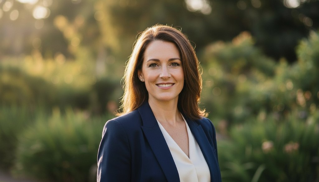 A compelling professional headshot in Forest Hill showcasing a confident subject in natural light, perfect for career advancement. The subject stands against a soft-focus backdrop of Forest Hill's autumn foliage, captured with a shallow depth of field and warm, inviting tones.