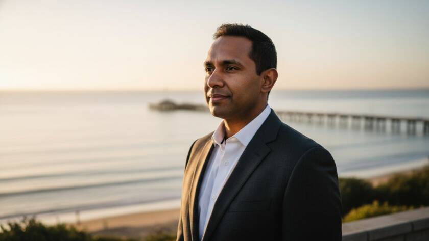 An inspiring, cinematically lit professional headshots Frankston North career boost portrait of a confident young professional woman. She stands near the Frankston North coastline, soft golden hour light catching her profile, a determined yet approachable expression on her face, conveying success and readiness for new opportunities. The background is slightly blurred, featuring hints of the local landscape.