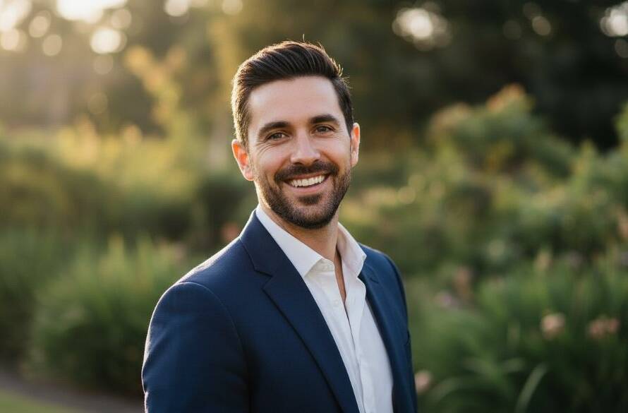 Dramatic and confident professional headshots Gardenvale vibrant personal branding portrait of a diverse business person looking directly at the camera with a warm, genuine smile, taken outdoors in a sun-drenched Gardenvale park, capturing their dynamic personality and professional aura with a shallow depth of field, golden hour lighting highlighting their features, creating an epic moment of connection.