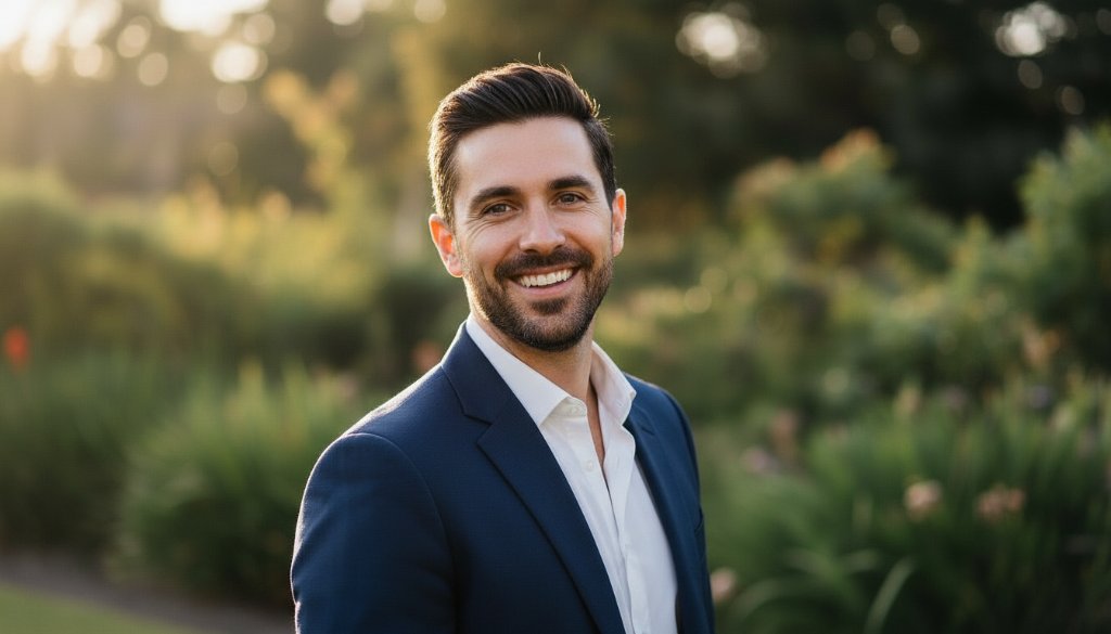 Dramatic and confident professional headshots Gardenvale vibrant personal branding portrait of a diverse business person looking directly at the camera with a warm, genuine smile, taken outdoors in a sun-drenched Gardenvale park, capturing their dynamic personality and professional aura with a shallow depth of field, golden hour lighting highlighting their features, creating an epic moment of connection.