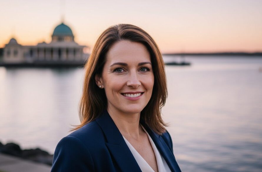 A dramatic, low-angle professional headshot capturing a confident executive against a blurred Geelong waterfront backdrop at sunset, featuring the focus keyphrase professional headshots Geelong CBD for executive branding, with warm, golden hour light highlighting their determined expression and tailored business attire, professionally color-graded with cinematic quality.