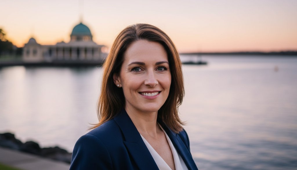 A dramatic, low-angle professional headshot capturing a confident executive against a blurred Geelong waterfront backdrop at sunset, featuring the focus keyphrase professional headshots Geelong CBD for executive branding, with warm, golden hour light highlighting their determined expression and tailored business attire, professionally color-graded with cinematic quality.