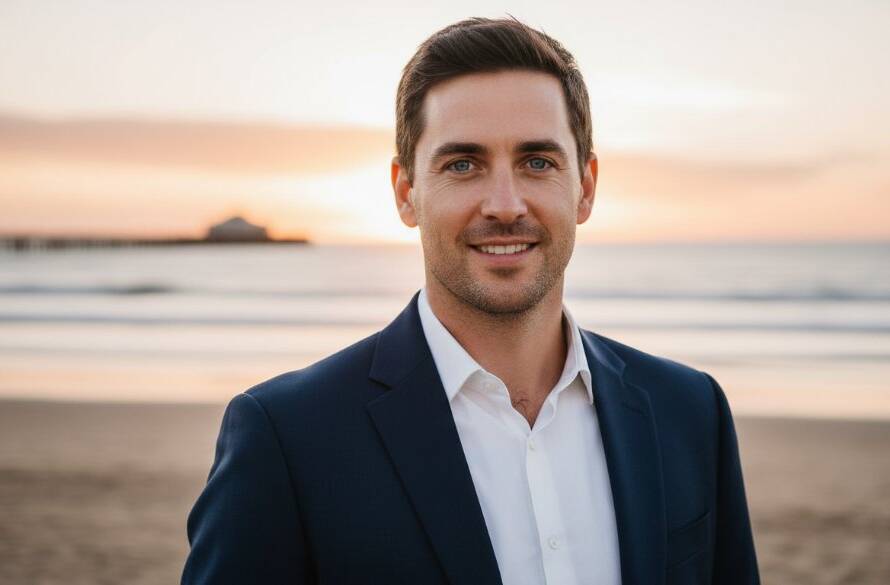 A dramatic, cinematic headshot of a confident professional against a blurred, golden hour Hampton beach backdrop, featuring the subject in sharp focus with a genuine smile, embodying the essence of professional headshots Hampton Victoria coastal branding, shot with stunning dynamic range and warm colour grading.