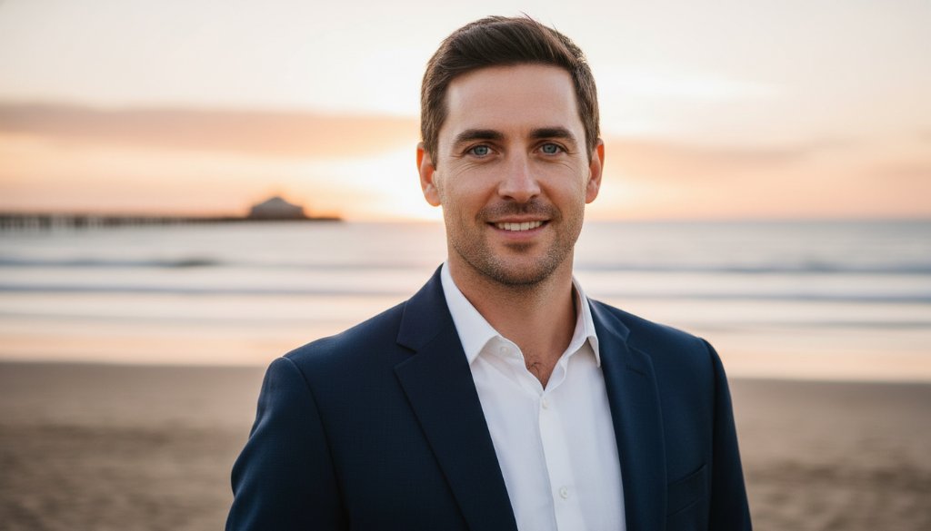 A dramatic, cinematic headshot of a confident professional against a blurred, golden hour Hampton beach backdrop, featuring the subject in sharp focus with a genuine smile, embodying the essence of professional headshots Hampton Victoria coastal branding, shot with stunning dynamic range and warm colour grading.