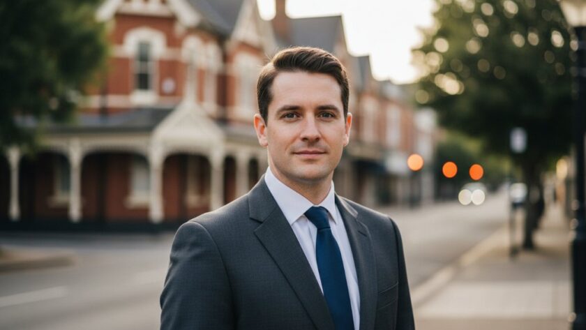 A confident business professional, captured in a dramatic, cinematic close-up, showcasing their determination and approachability, taken during professional headshots Horsham Victoria for career growth, with soft, directional light highlighting their features against a subtle, blurred Horsham backdrop, evoking a powerful 'epic moment'.