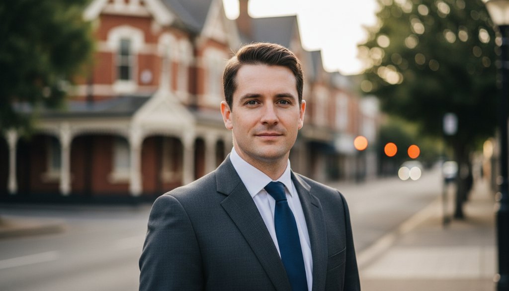 A confident business professional, captured in a dramatic, cinematic close-up, showcasing their determination and approachability, taken during professional headshots Horsham Victoria for career growth, with soft, directional light highlighting their features against a subtle, blurred Horsham backdrop, evoking a powerful 'epic moment'.