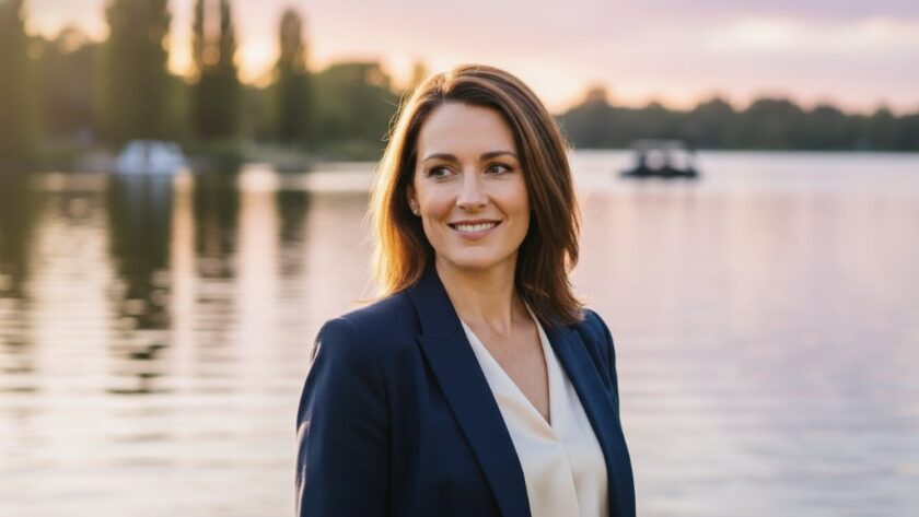 Dramatic professional headshots Lake Wendouree natural light portrait of a confident professional woman smiling genuinely, her silhouette subtly framed by the golden hour light reflecting off the lake's surface, captured with a shallow depth of field and warm, cinematic tones.