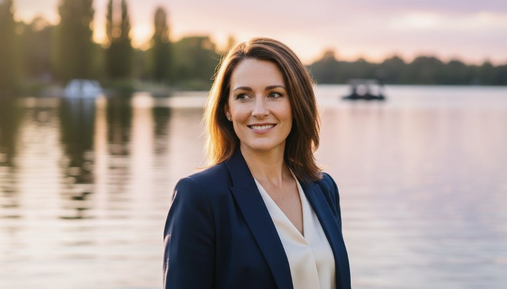 Dramatic professional headshots Lake Wendouree natural light portrait of a confident professional woman smiling genuinely, her silhouette subtly framed by the golden hour light reflecting off the lake's surface, captured with a shallow depth of field and warm, cinematic tones.