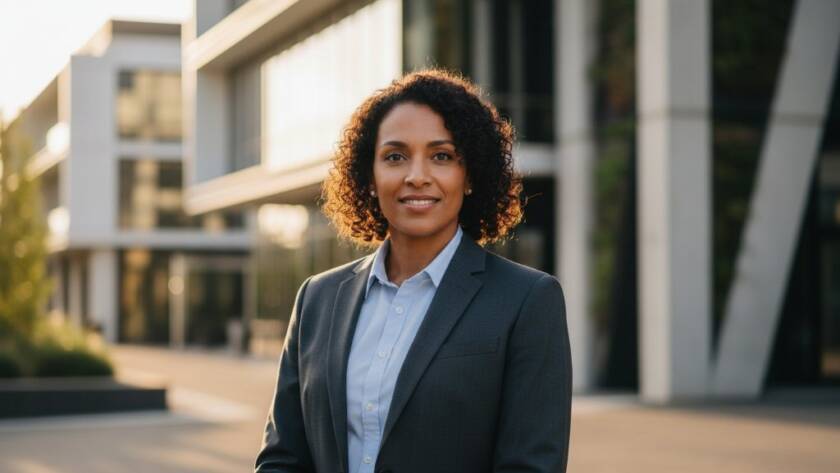 A captivating professional headshot of a confident businesswoman smiling warmly, standing against the modern backdrop of Laverton's industrial-chic architecture, showcasing 'Professional Headshots Laverton Victoria for Career Growth' with soft, dramatic evening light highlighting her profile and determination.
