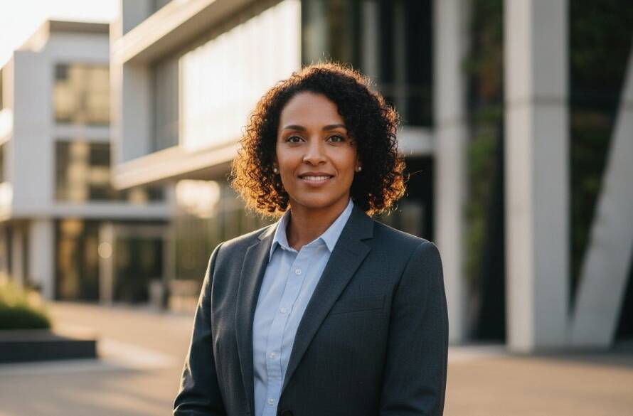 A captivating professional headshot of a confident businesswoman smiling warmly, standing against the modern backdrop of Laverton's industrial-chic architecture, showcasing 'Professional Headshots Laverton Victoria for Career Growth' with soft, dramatic evening light highlighting her profile and determination.