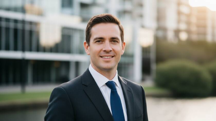 Dynamic, high-contrast close-up professional headshots Maidstone to elevate your brand, featuring a confident business professional against a softly blurred, modern Maidstone urban backdrop at golden hour, capturing an epic moment of self-assurance and ambition.