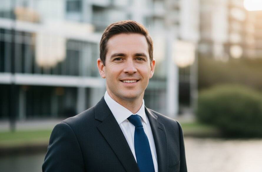 Dynamic, high-contrast close-up professional headshots Maidstone to elevate your brand, featuring a confident business professional against a softly blurred, modern Maidstone urban backdrop at golden hour, capturing an epic moment of self-assurance and ambition.