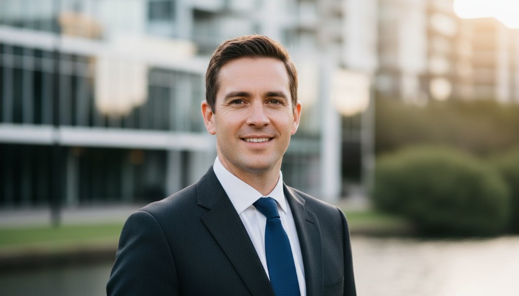 Dynamic, high-contrast close-up professional headshots Maidstone to elevate your brand, featuring a confident business professional against a softly blurred, modern Maidstone urban backdrop at golden hour, capturing an epic moment of self-assurance and ambition.
