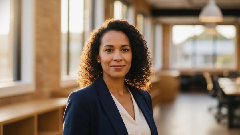 An inspiring portrait of a diverse professional woman confidently gazing into the future, captured with professional headshots Melton South capturing authentic success, set against a blurred, modern urban backdrop at twilight in Melton South, Victoria, dramatic cinematic lighting highlighting her determination and grace.
