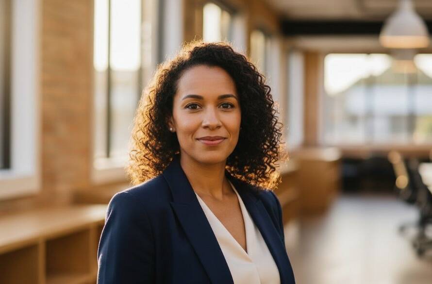 An inspiring portrait of a diverse professional woman confidently gazing into the future, captured with professional headshots Melton South capturing authentic success, set against a blurred, modern urban backdrop at twilight in Melton South, Victoria, dramatic cinematic lighting highlighting her determination and grace.