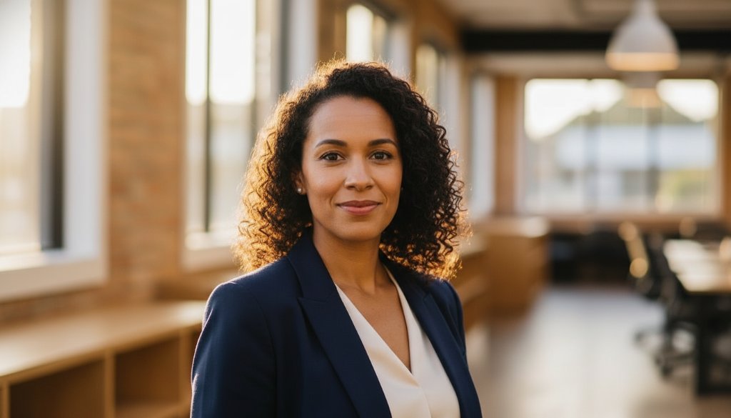 An inspiring portrait of a diverse professional woman confidently gazing into the future, captured with professional headshots Melton South capturing authentic success, set against a blurred, modern urban backdrop at twilight in Melton South, Victoria, dramatic cinematic lighting highlighting her determination and grace.