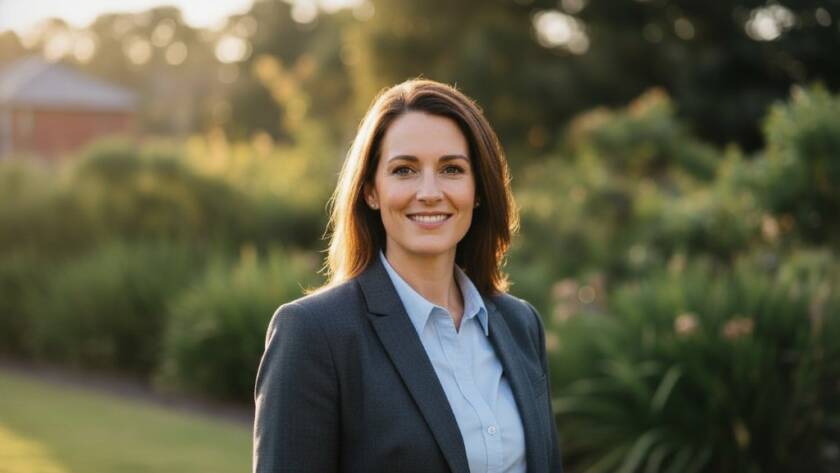 A confident professional, mid-shot, smiling genuinely and looking directly at the camera, captured against a subtly blurred backdrop of Warrawee Park in Oakleigh East, bathed in the golden hour light. This epic moment photograph showcases professional headshots Oakleigh East for career elevation, with dramatic lighting highlighting their professionalism and approachability, exuding warmth and expertise.