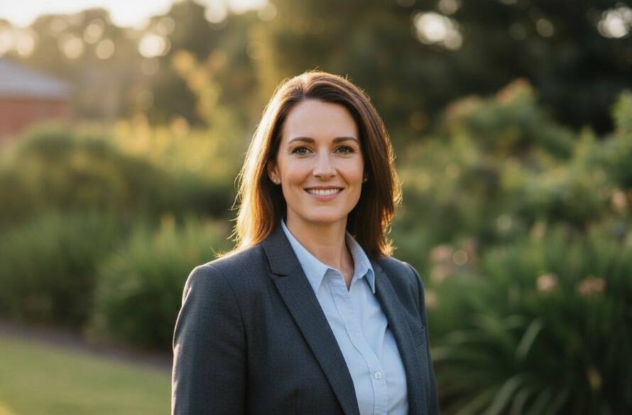 A confident professional, mid-shot, smiling genuinely and looking directly at the camera, captured against a subtly blurred backdrop of Warrawee Park in Oakleigh East, bathed in the golden hour light. This epic moment photograph showcases professional headshots Oakleigh East for career elevation, with dramatic lighting highlighting their professionalism and approachability, exuding warmth and expertise.