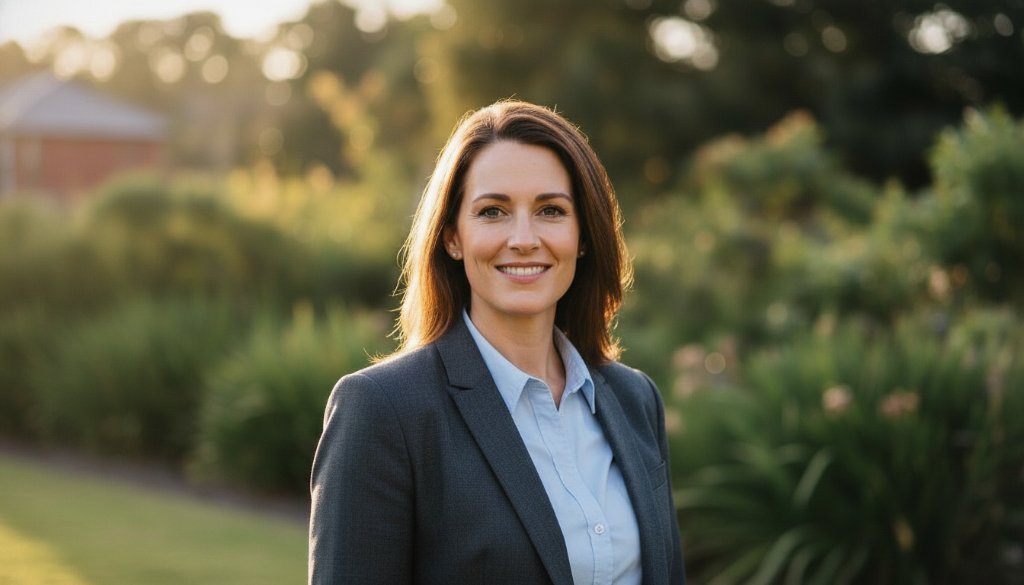 A confident professional, mid-shot, smiling genuinely and looking directly at the camera, captured against a subtly blurred backdrop of Warrawee Park in Oakleigh East, bathed in the golden hour light. This epic moment photograph showcases professional headshots Oakleigh East for career elevation, with dramatic lighting highlighting their professionalism and approachability, exuding warmth and expertise.
