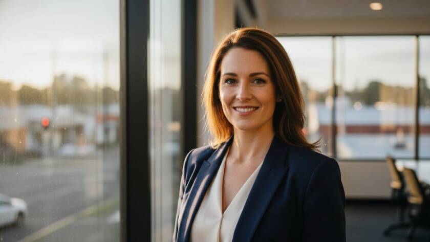 A professional headshot Pakenham for local business impact, featuring a confident entrepreneur in a modern Pakenham office building, bathed in dramatic natural light, exuding professionalism and approachability. The subject is slightly off-centre, looking directly at the camera with a warm smile, with a subtle blur of Pakenham's vibrant urban landscape in the background, captured during golden hour.