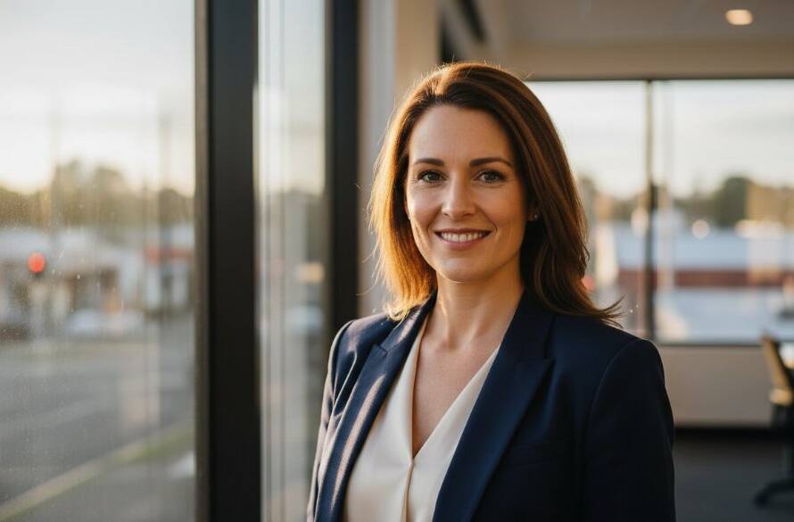 A professional headshot Pakenham for local business impact, featuring a confident entrepreneur in a modern Pakenham office building, bathed in dramatic natural light, exuding professionalism and approachability. The subject is slightly off-centre, looking directly at the camera with a warm smile, with a subtle blur of Pakenham's vibrant urban landscape in the background, captured during golden hour.