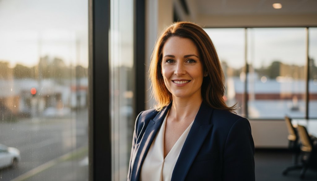 A professional headshot Pakenham for local business impact, featuring a confident entrepreneur in a modern Pakenham office building, bathed in dramatic natural light, exuding professionalism and approachability. The subject is slightly off-centre, looking directly at the camera with a warm smile, with a subtle blur of Pakenham's vibrant urban landscape in the background, captured during golden hour.