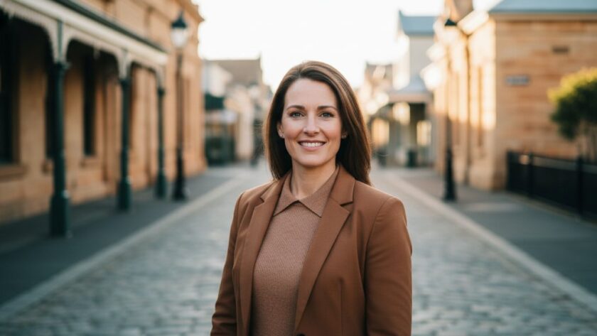 A striking professional headshot Portland Victoria boost career confidence, featuring a confident individual framed against Portland's historic harbour, with golden hour sunlight dramatically highlighting their determined expression, conveying professionalism and approachability.