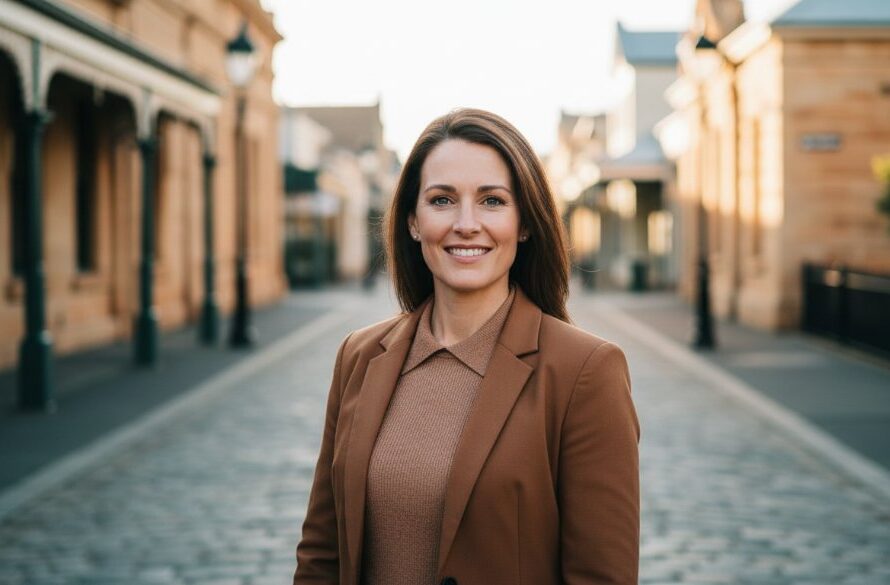 A striking professional headshot Portland Victoria boost career confidence, featuring a confident individual framed against Portland's historic harbour, with golden hour sunlight dramatically highlighting their determined expression, conveying professionalism and approachability.