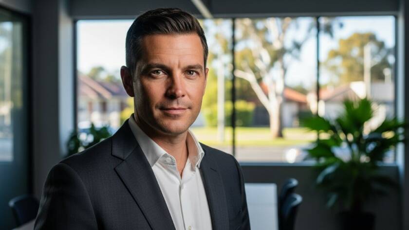A dynamic close-up portrait of a confident business professional, captured with dramatic studio lighting against a blurred urban backdrop of Ringwood East, Victoria, emphasizing the impact of professional headshots in Ringwood East Victoria for career growth. The subject exudes professionalism and approachability, with a subtle smile and direct gaze, conveying success and expertise. This epic moment photograph showcases the subject's personal brand.