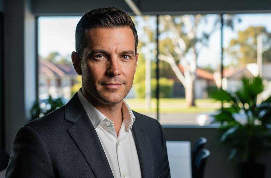 A dynamic close-up portrait of a confident business professional, captured with dramatic studio lighting against a blurred urban backdrop of Ringwood East, Victoria, emphasizing the impact of professional headshots in Ringwood East Victoria for career growth. The subject exudes professionalism and approachability, with a subtle smile and direct gaze, conveying success and expertise. This epic moment photograph showcases the subject's personal brand.