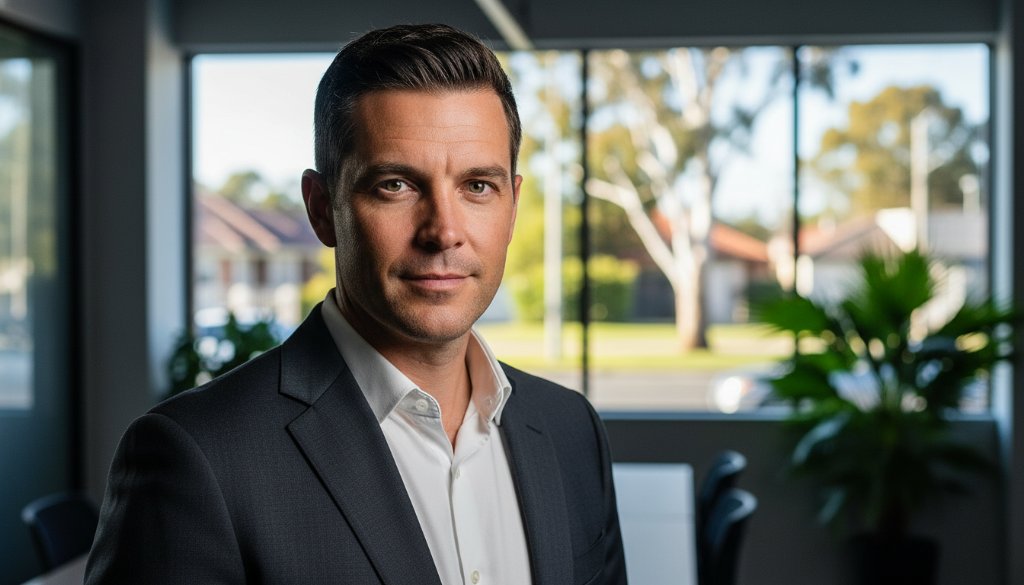 A dynamic close-up portrait of a confident business professional, captured with dramatic studio lighting against a blurred urban backdrop of Ringwood East, Victoria, emphasizing the impact of professional headshots in Ringwood East Victoria for career growth. The subject exudes professionalism and approachability, with a subtle smile and direct gaze, conveying success and expertise. This epic moment photograph showcases the subject's personal brand.