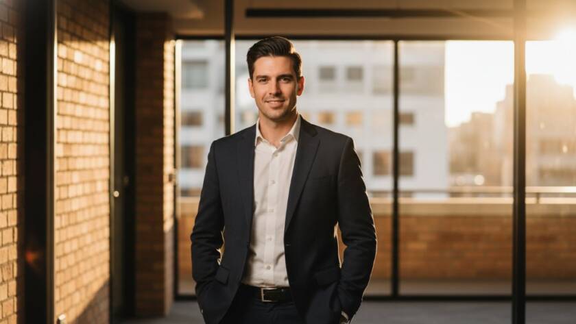 Dramatic, cinematic close-up professional headshots Ringwood Victoria for Creative Professionals, capturing a confident female architect against a blurred, vibrant backdrop reflecting Ringwood's modern energy, with golden hour light highlighting her determined expression.