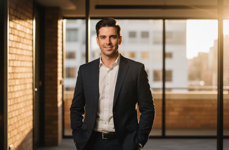 Dramatic, cinematic close-up professional headshots Ringwood Victoria for Creative Professionals, capturing a confident female architect against a blurred, vibrant backdrop reflecting Ringwood's modern energy, with golden hour light highlighting her determined expression.