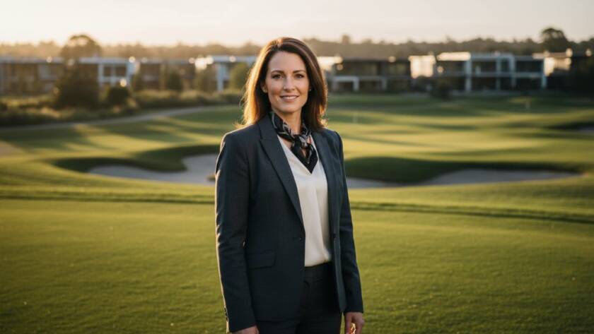 A confident female business leader striking a power pose against a modern Sandhurst golf course backdrop during golden hour, embodying professional headshots Sandhurst for local business leaders, with dramatic backlighting and a resolved expression.