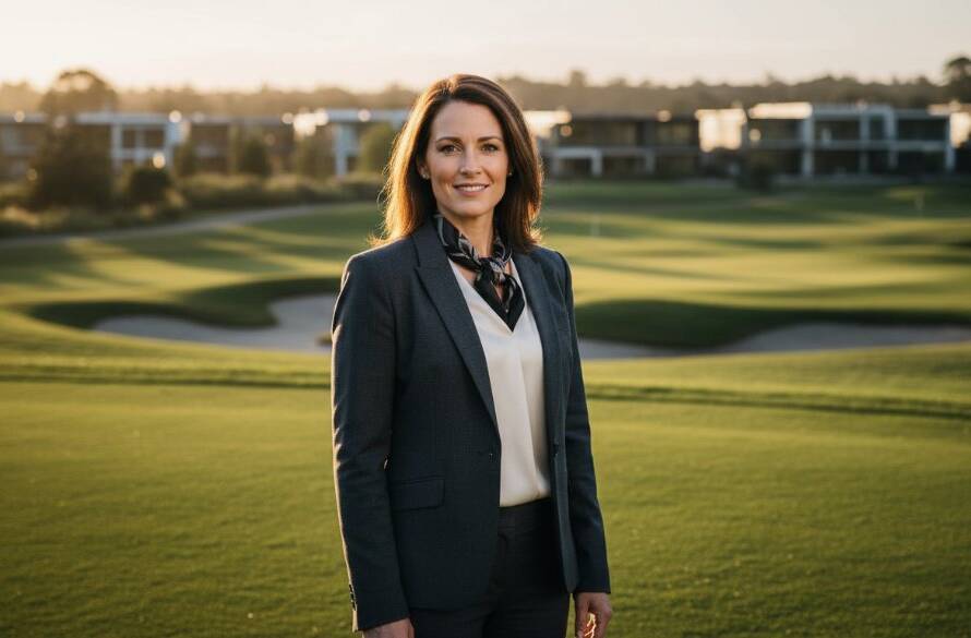 A confident female business leader striking a power pose against a modern Sandhurst golf course backdrop during golden hour, embodying professional headshots Sandhurst for local business leaders, with dramatic backlighting and a resolved expression.