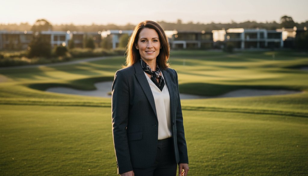 A confident female business leader striking a power pose against a modern Sandhurst golf course backdrop during golden hour, embodying professional headshots Sandhurst for local business leaders, with dramatic backlighting and a resolved expression.