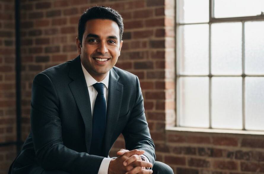 A confident male professional in a modern suit, smiling genuinely, captured in a dynamic professional headshot in West Footscray, showcasing the high-quality professional headshots West Footscray Victorian businesses can achieve. Dramatic backlighting from a large industrial window in a renovated warehouse space, creating a cinematic and inspiring portrait with depth and character.