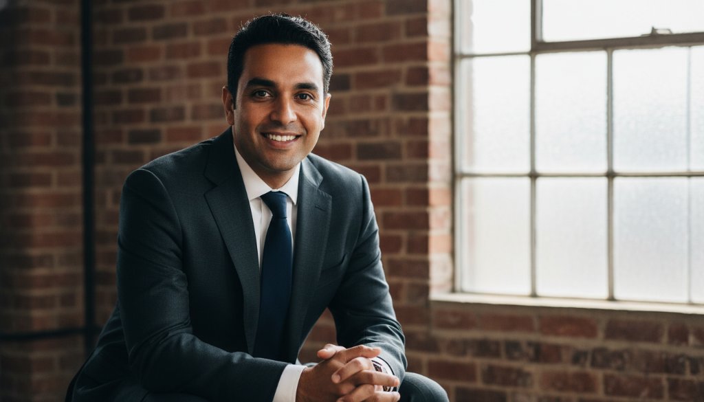 A confident male professional in a modern suit, smiling genuinely, captured in a dynamic professional headshot in West Footscray, showcasing the high-quality professional headshots West Footscray Victorian businesses can achieve. Dramatic backlighting from a large industrial window in a renovated warehouse space, creating a cinematic and inspiring portrait with depth and character.