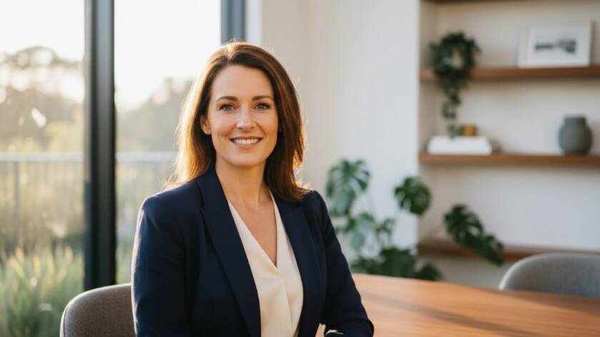 A confident Wheelers Hill small business owner, illuminated by dramatic golden hour light, stands in a modern office interior, embodying success in a professional headshots Wheelers Hill small business portrait.