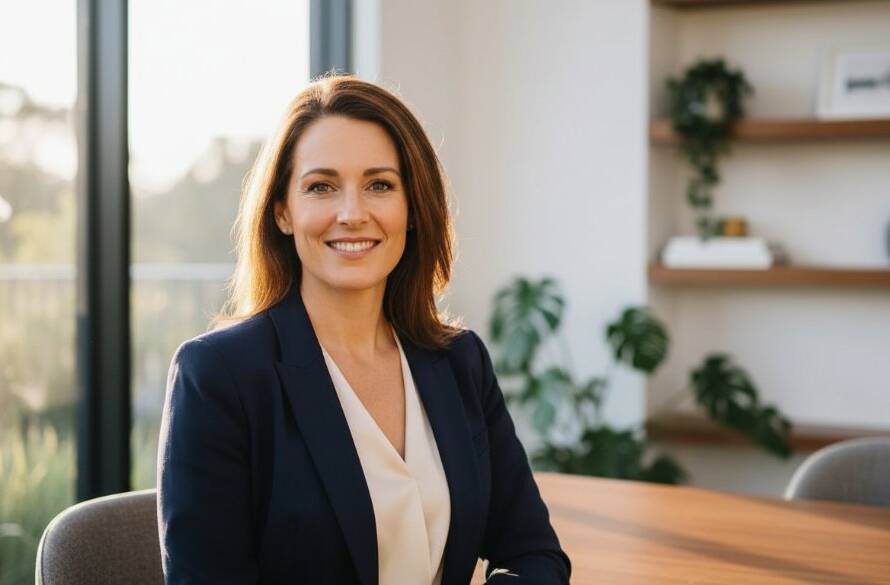 A confident Wheelers Hill small business owner, illuminated by dramatic golden hour light, stands in a modern office interior, embodying success in a professional headshots Wheelers Hill small business portrait.