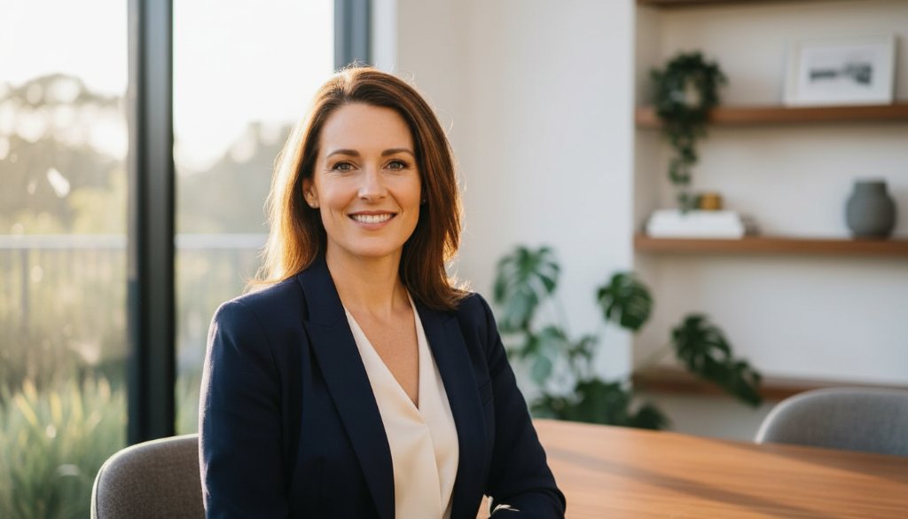 A confident Wheelers Hill small business owner, illuminated by dramatic golden hour light, stands in a modern office interior, embodying success in a professional headshots Wheelers Hill small business portrait.