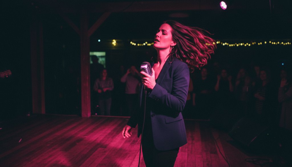 An electrifying close-up shot of a lead guitarist performing on stage at a Heatherdale venue, bathed in dramatic red and blue stage lighting, capturing the intense passion and energy of a live local music event, perfect for professional Heatherdale concert photography capturing live local music energy.