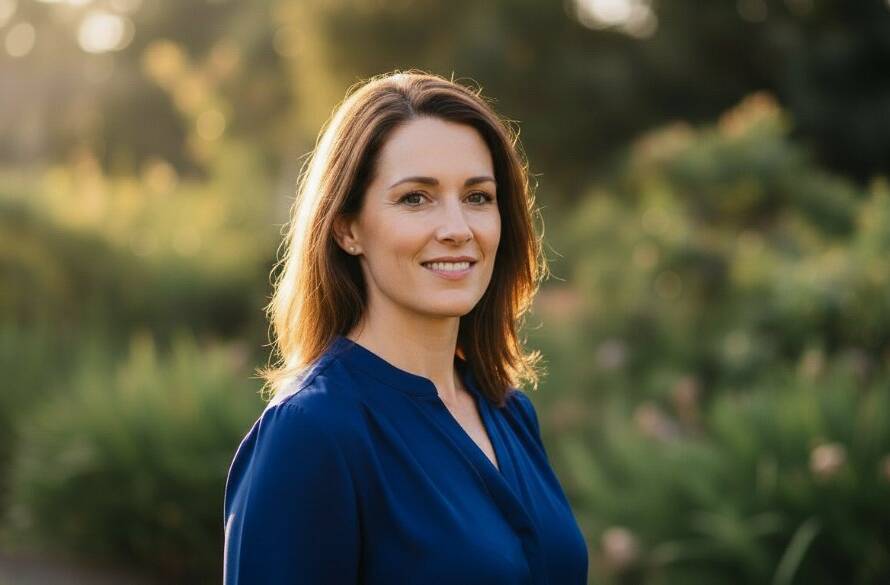 A confident Heathmont professional smiles genuinely during their outdoor headshot session, captured with dramatic, golden hour lighting near the Heathmont Ringwood Rail Trail, showcasing Professional Heathmont Headshots for Local Career Advancement.