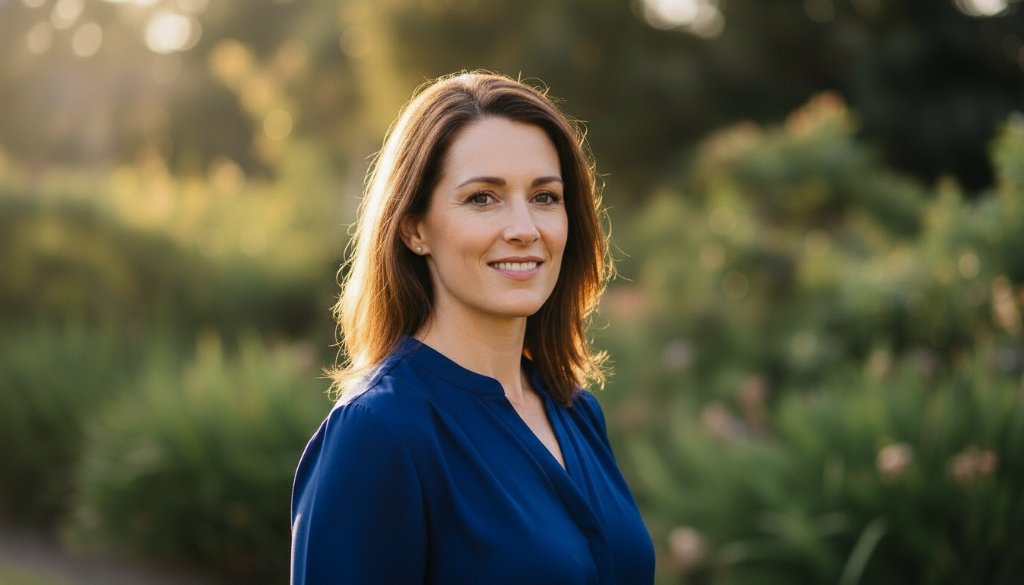 A confident Heathmont professional smiles genuinely during their outdoor headshot session, captured with dramatic, golden hour lighting near the Heathmont Ringwood Rail Trail, showcasing Professional Heathmont Headshots for Local Career Advancement.