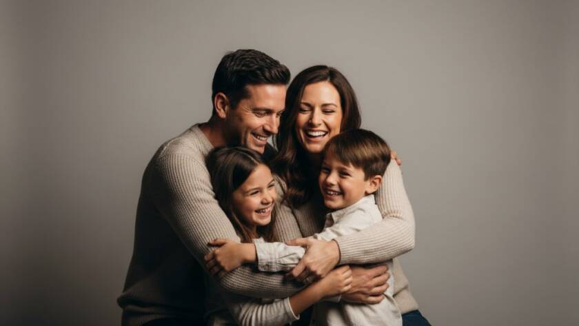 A heartwarming, professionally lit 'epic moment' photograph of a Heathmont family laughing joyfully during a professional Heathmont studio photography session, showcasing genuine connection with dramatic, soft lighting and a minimalist background.