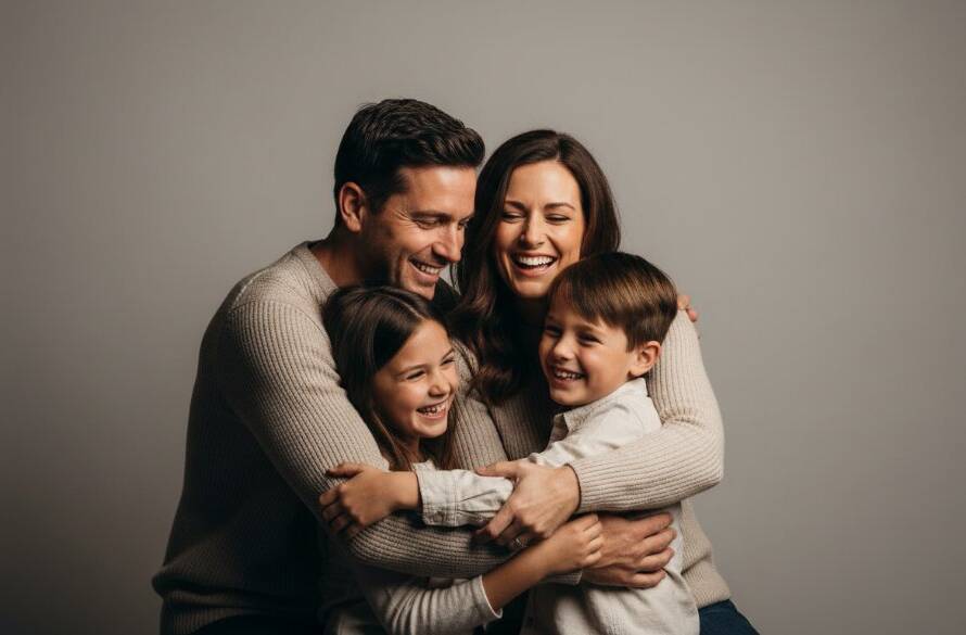 A heartwarming, professionally lit 'epic moment' photograph of a Heathmont family laughing joyfully during a professional Heathmont studio photography session, showcasing genuine connection with dramatic, soft lighting and a minimalist background.