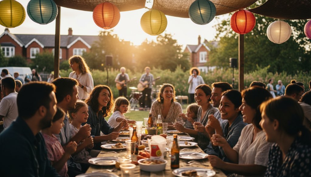 An epic moment of shared joy at a vibrant Herne Hill community festival, professionally captured under dramatic golden hour light, highlighting genuine connections, embodying exceptional professional Herne Hill community event photography.