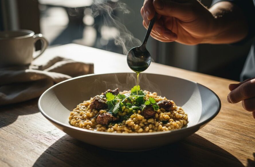 A dramatic, overhead, close-up shot of a perfectly plated, gourmet dish from a local Horsham eatery, showcasing a chef's hand adding a final garnish with a soft light catching the steam, embodying professional Horsham food photography for local eateries.