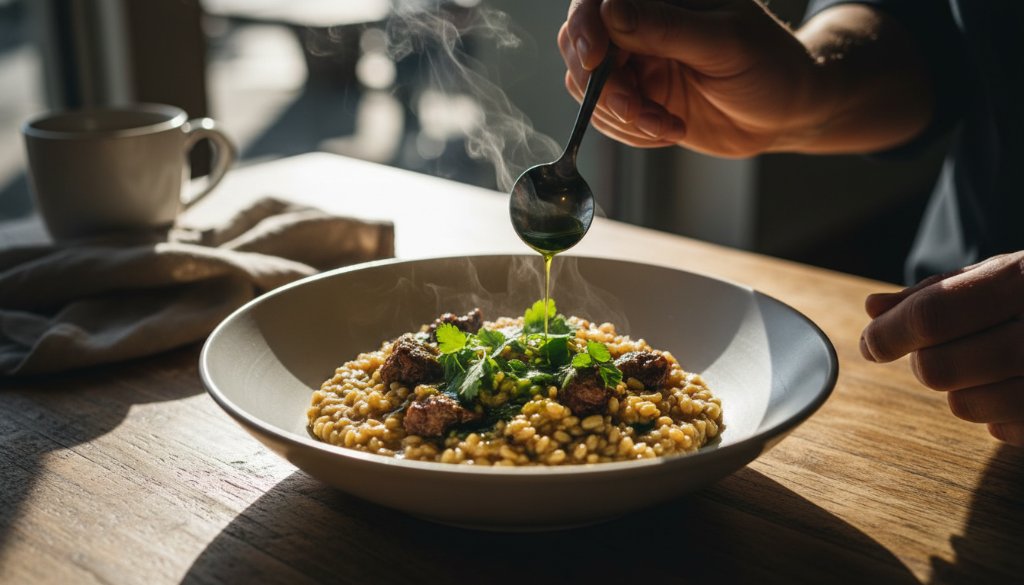 A dramatic, overhead, close-up shot of a perfectly plated, gourmet dish from a local Horsham eatery, showcasing a chef's hand adding a final garnish with a soft light catching the steam, embodying professional Horsham food photography for local eateries.